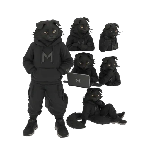 3D-Modell eines anthropomorphen schwarzen Hunde-Charakters mit schwarzem Kapuzenpullover und Cargohose, in mehreren Posen gez