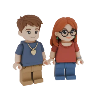3D model of a stylized couple holding hands, with the male figure in a blue shirt and tan pants, and the female figure in a r