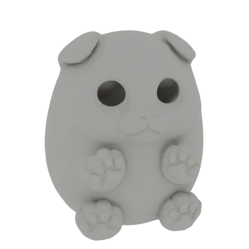 A 3D render of a cute, chubby gray puppy sitting with its paws forward, featuring large dark eyes and detailed paw pads.