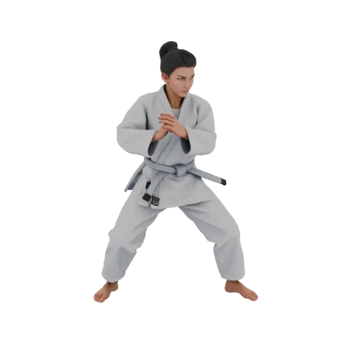 3D model of a female judoka in a white gi and belt, standing in a fighting stance with raised arms.