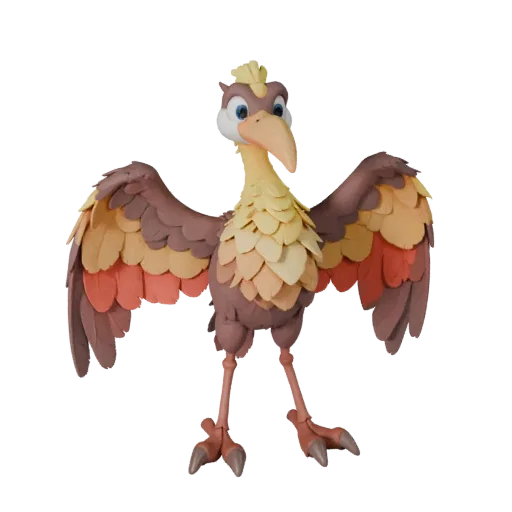 Cartoon Kranich 3D-Modell, Seitenansicht Wildtier-Rendering, stilisiertes Tier-Asset mit Schnabelprofil, geschichtetem Gefied