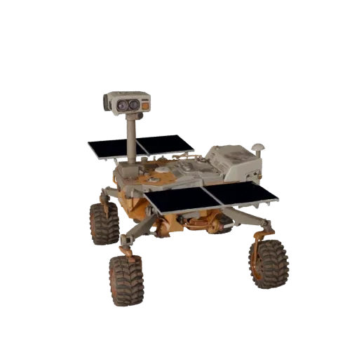Mars Planetary Rover Stylized 3D model, stylized isometric render, showing dusty wheels, vehicle stance.
