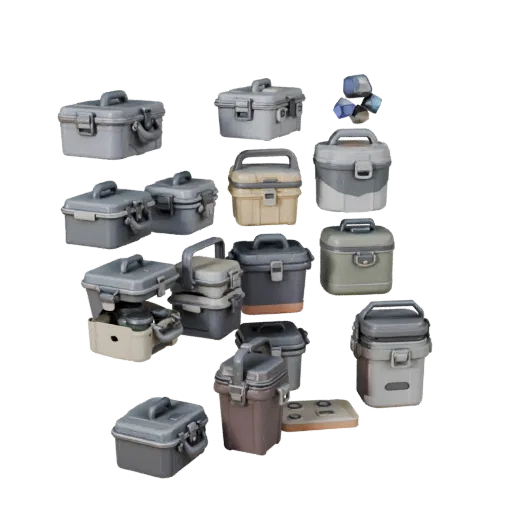 Travel Toolbox 3D model, three-quarter front view, Unity viewport, showing plastic, usable openings.