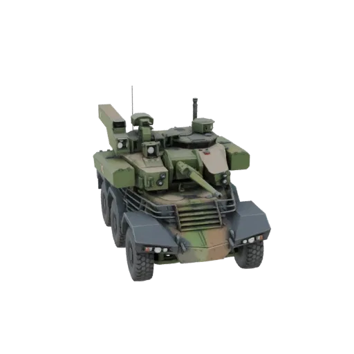 3D model of a camouflaged wheeled tank with a missile launcher, viewed from a front-quarter angle against a black background.