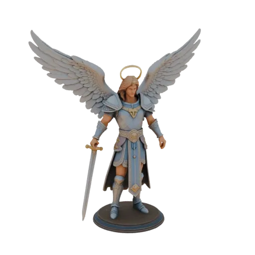 3D model of Archangel Michael in blue armor with a golden halo, spread wings, and a sword in hand, standing on a base.