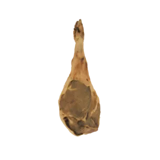 3D model of a raw beef shank with bone, presented against a black background.