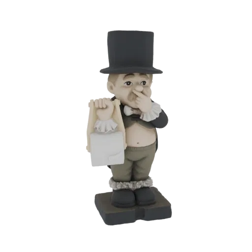 Maqueta 3D de caballero victoriano con sombrero de copa negro, portando un pergamino blanco, con cuello de volantes y atuendo