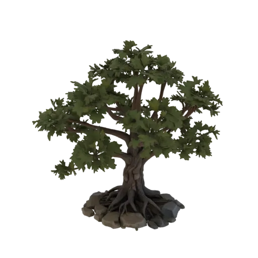 3D model of an old oak with a dense green crown, thick branches, and a powerful root system entwining rocks at the base.