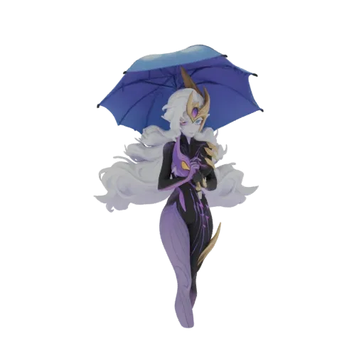 3D model of an elegant sorceress with white hair, purple and gold outfit, holding a blue umbrella.