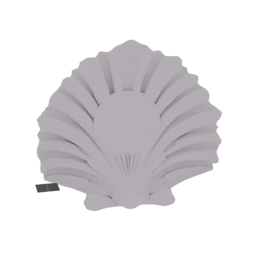 Modèle 3D d'un coquillage Saint-Jacques gris clair avec des nervures détaillées, sur fond blanc.