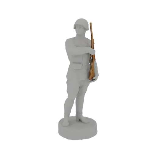 Statue 3D de soldat soviétique gris tenant un fusil, sur une base circulaire.