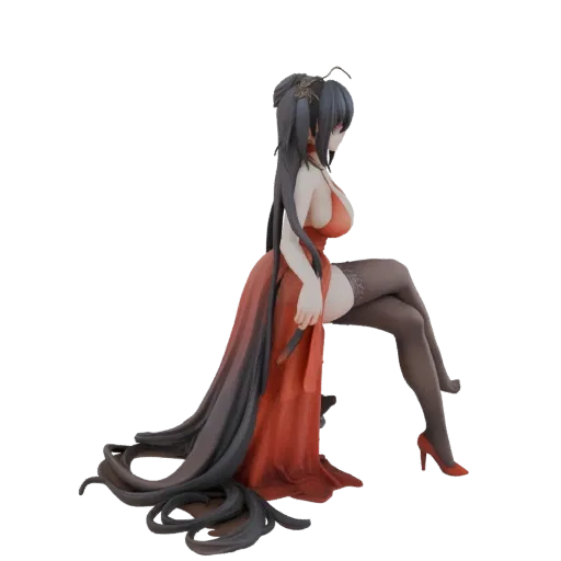 Side view of a 3D model of a woman with long black hair wearing a flowing red gown and black stockings, seated elegantly.