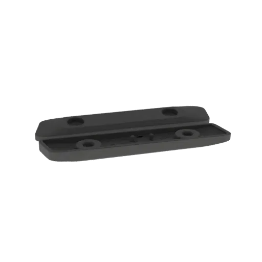A 3D render of a dark gray hinge bracket with two mounting holes, isolated on a black background.