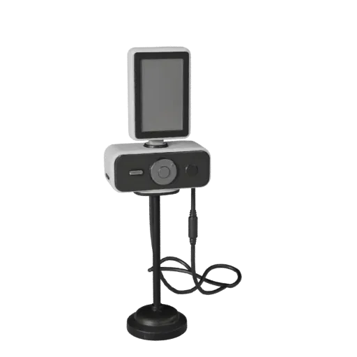 Minimal Webcam 3D model, three-quarter front view, Unity viewport, showing plastic shells, desktop scale.