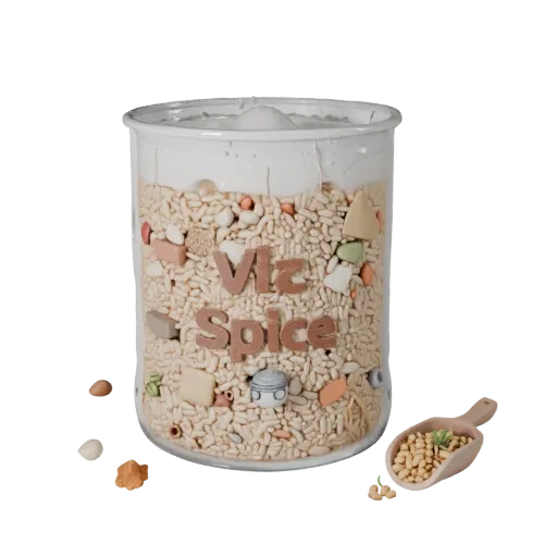 Spice Rice Sack Product Viz 3D model, three-quarter studio product render, showing powders, small ingredient shapes.
