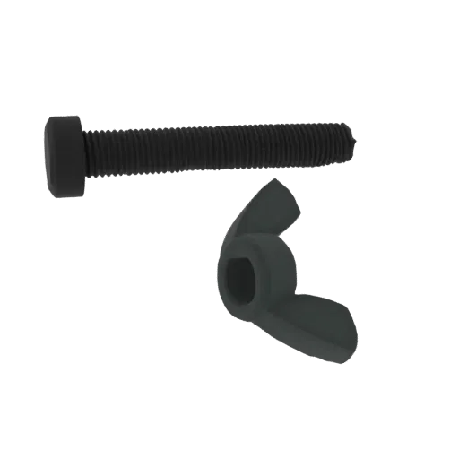 Rendering 3D di un bullone nero con testa esagonale e un dado a farfalla grigio, isolato su sfondo nero.