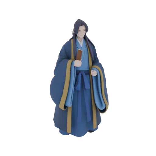 3D model of an ancient scholar in blue robes holding a scroll, with a neutral expression and dark hair tied back.