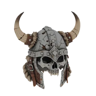 3D model of a weathered Viking skull helmet with large horns and fur trim, set against a white background.