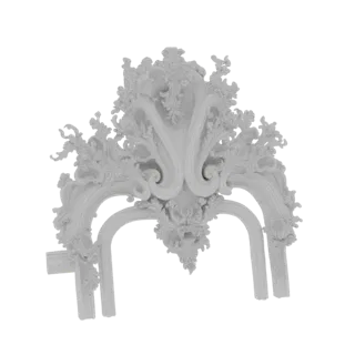 Um modelo 3D detalhado de uma moldura de lareira barroca branca e ornamentada com intrincados arabescos e elementos decorativ