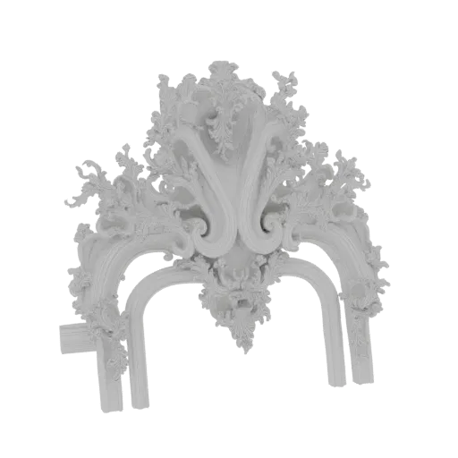 A detailed 3D model of an ornate, white Baroque fireplace surround with intricate scrollwork and decorative elements.