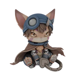 A 3D render of the chibi Nanachi character from Made in Abyss, sitting down with a brown cape and blue goggles.