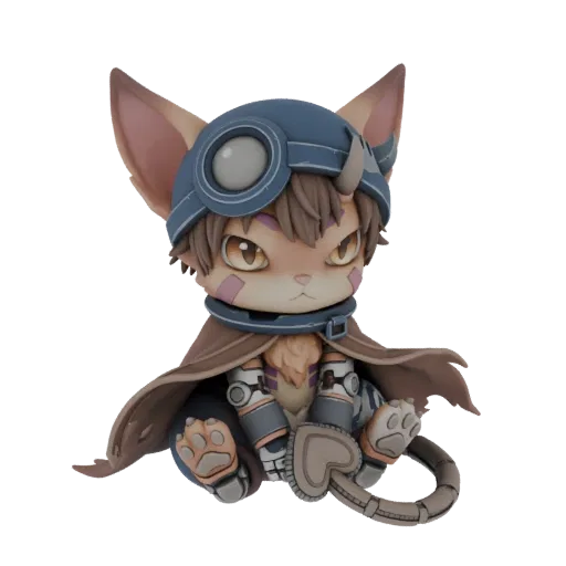 Ein 3D-Render des Chibi-Charakters Nanachi aus Made in Abyss, sitzend mit einem braunen Umhang und blauer Brille.