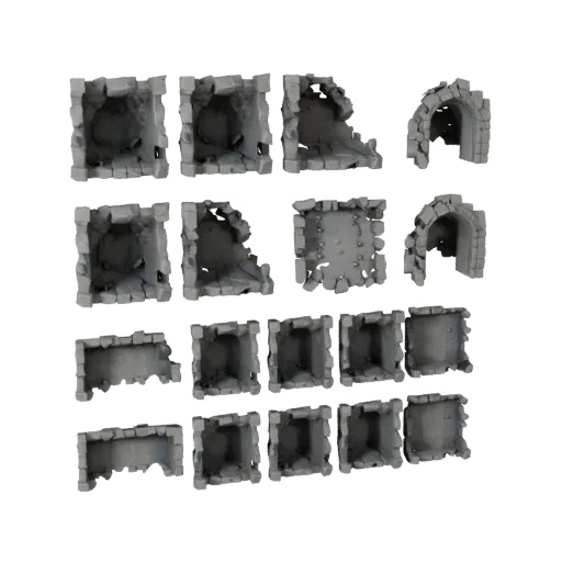 Modello 3D modulare Piastre Stanza Catacombe, vista isometrica del kit modulare, che mostra pietra invecchiata, resti costrui