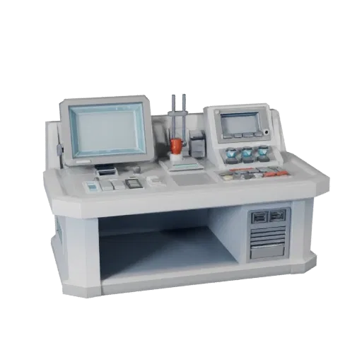 Futuristic Lab Console Low Poly 3D model, game viewport three-quarter view, showing clean metal, bench-top devices.