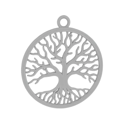 A 3D render of a grey, circular pendant featuring an intricate Tree of Life design with a hanging loop at the top.