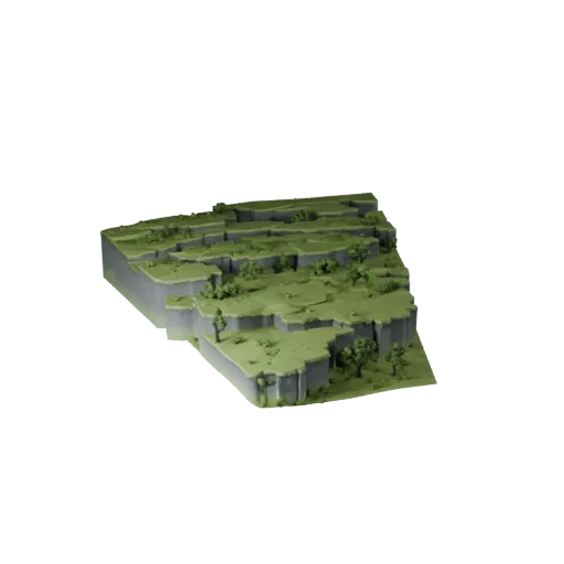 Modelo 3D Estilizado de Bioma de Bosque Encantado, renderização estilizada de ambiente isométrico, mostrando camadas de terre
