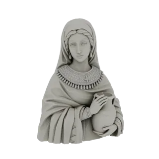 Render de modelo 3D del busto de una mujer clásica, con joyas ornamentadas y sosteniendo un jarrón, con acabado gris neutro.