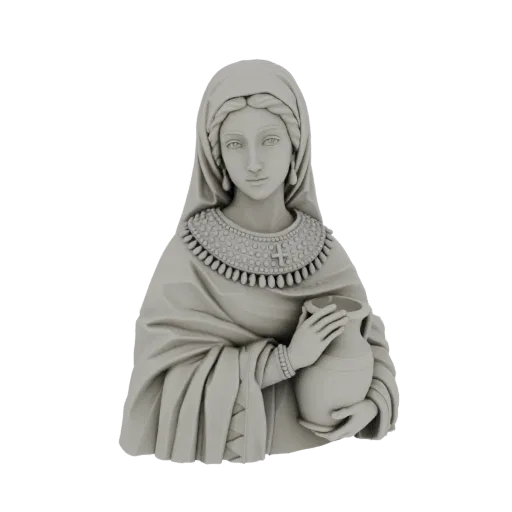 3D model render of a classical woman's bust, wearing ornate jewelry and holding a jug, with a neutral grey finish.