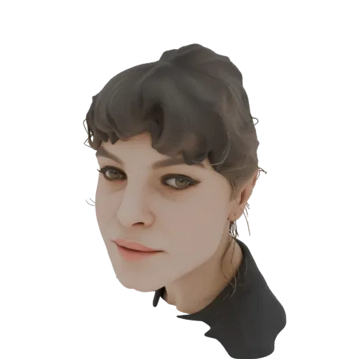 Render de modelo 3D de uma mulher elegante com cabelo escuro e estilizado e brincos de pérola, olhando ligeiramente para o la