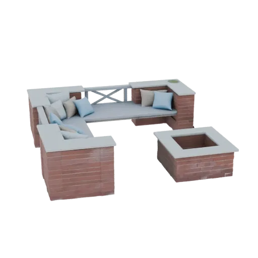 3D model of a modern outdoor lounge set with brick construction, light gray concrete tops, blue and beige cushions, and a square fire pit.