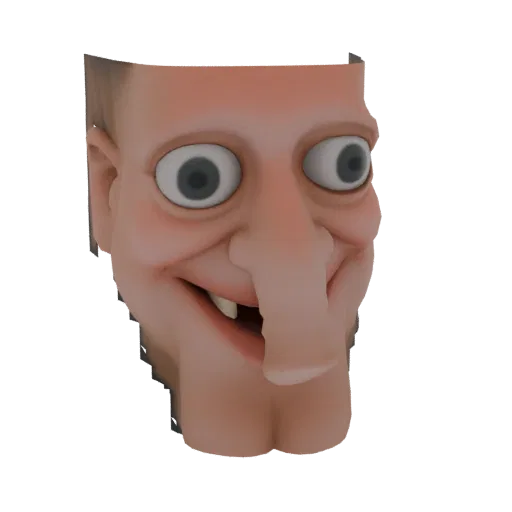 3D model render of a grotesque cartoon face with wide eyes, a large nose, and a wide, toothy smile against a black background
