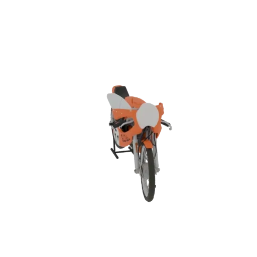 A 3D model of a classic orange cafe racer motorcycle with a white front fairing and black seat, displayed against a white bac