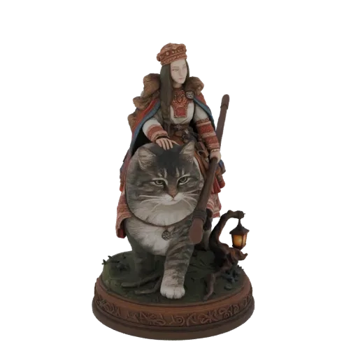 3D model of a fantasy witch in traditional clothing riding a large tabby cat, holding a lantern on a sculpted base.
