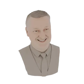 3D model render of a man's bust with a wide smile, wearing a shirt and vest, with neatly styled hair.