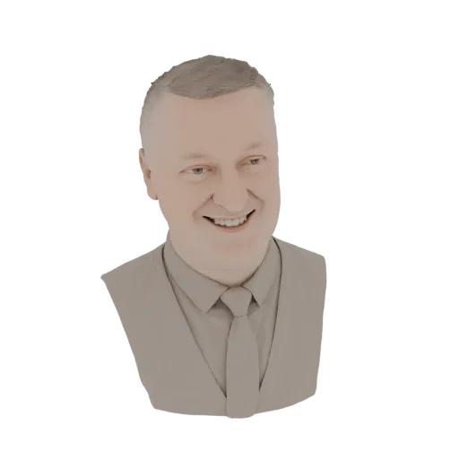 3D-Render einer Männerbüste mit breitem Lächeln, Hemd und Weste, mit ordentlich gestyltem Haar.
