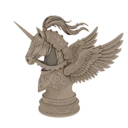 3D model of a fantasy knight unicorn bust with ornate armor, wings, and a runic base.