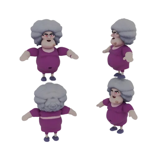 Uma renderização 3D de uma personagem de avó estilizada com cabelo grisalho e vestido roxo, mostrada de vários ângulos.