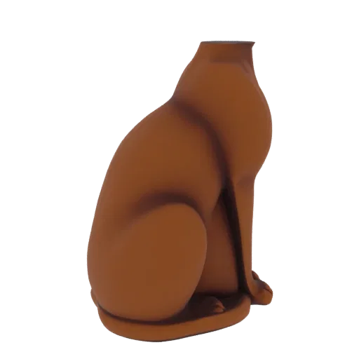 A 3D render of a stylized brown cat sculpture sitting calmly, viewed from the side.