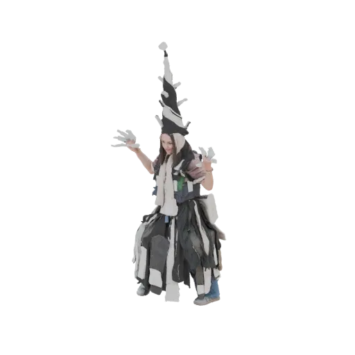 3D model of a whimsical character with a tall, spiky, black and white striped hat and a layered, textured outfit, with arms o