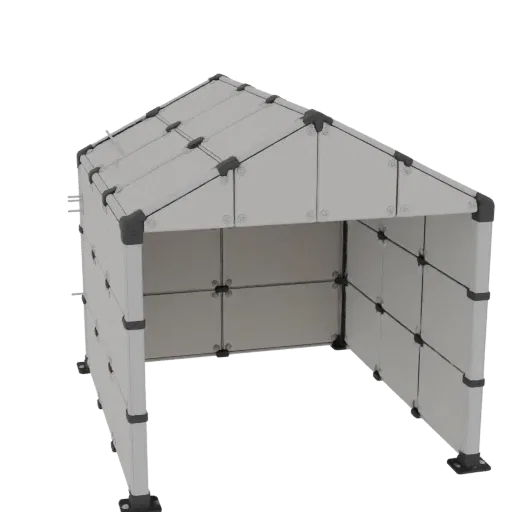 Modelo 3D de abrigo modular aberto com telhado de duas águas, construído com painéis cinza claro e conectores cinza escuro.
