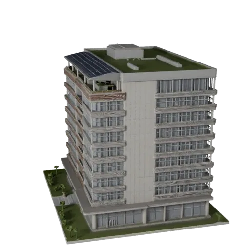 Sustainable Office Building realistic 3D model, three-quarter exterior view, showing commercial office building materials and architectural detail