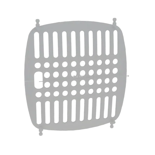 3D model of a square vent with a grid of circular and slotted holes, featuring four small pegs at the corners.