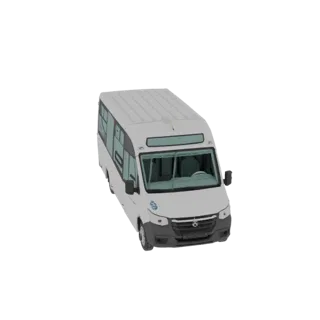 A 3D render of a white minibus passenger van, viewed from a high angle, against a black background.