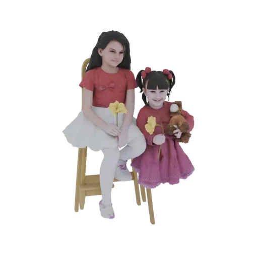3D model of two young girls sitting on a chair, one holding a yellow flower, the other a teddy bear.