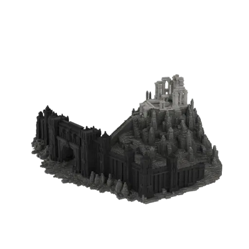 3D model of a dark, imposing fortress with a long wall, archway, and a ruined citadel on a rocky peak.