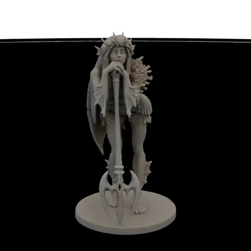 3D model of a mythical siren with flowing hair, wearing a crown, and holding a trident, standing on a circular base.